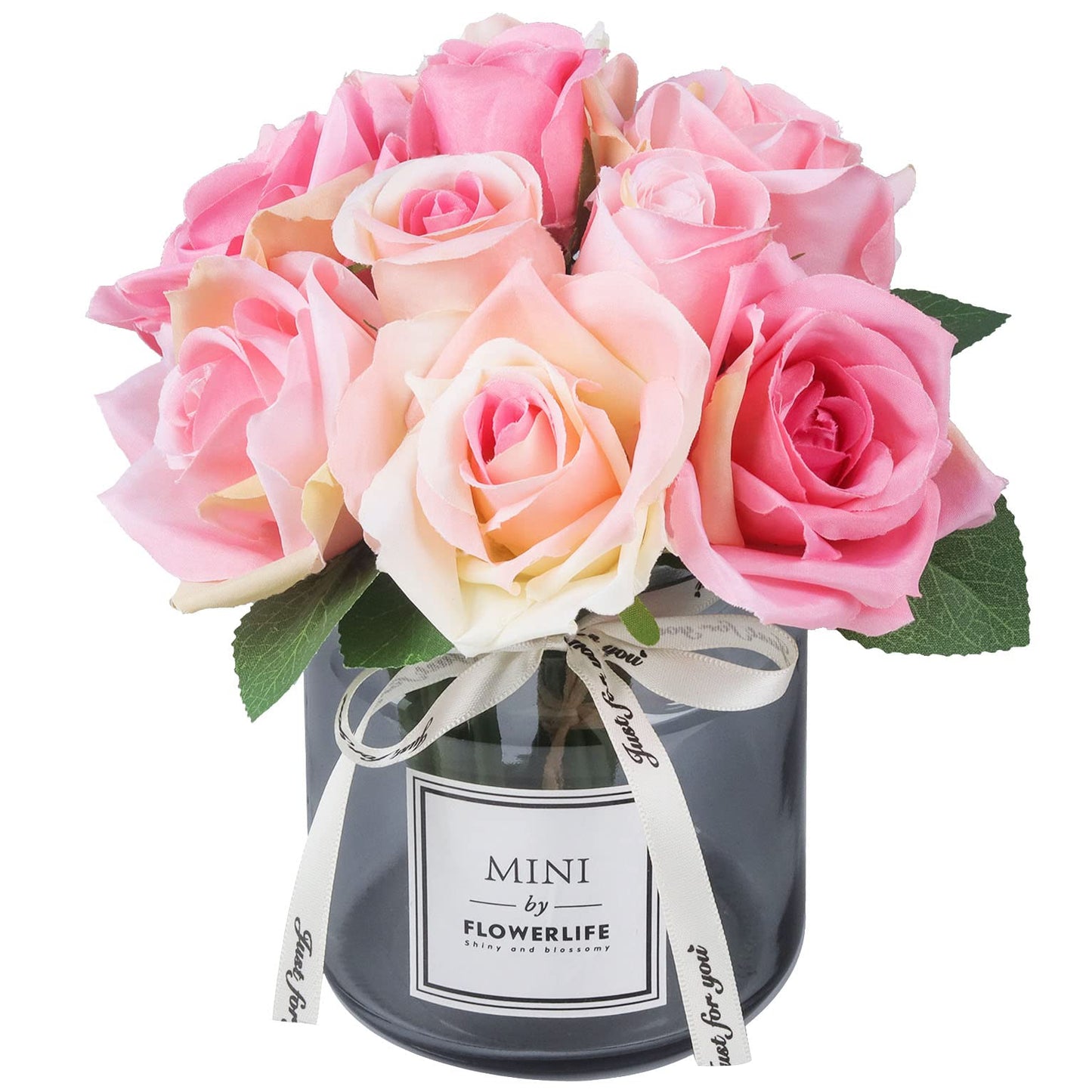 XIAYAN Artificial Flower and Glass vase, Silk Rose Flower Glass Bottle Set, Suitable for Living Room, Dining Table, Office, Wedding, Hotel Banquet and Other Home Decoration. (Pink)………