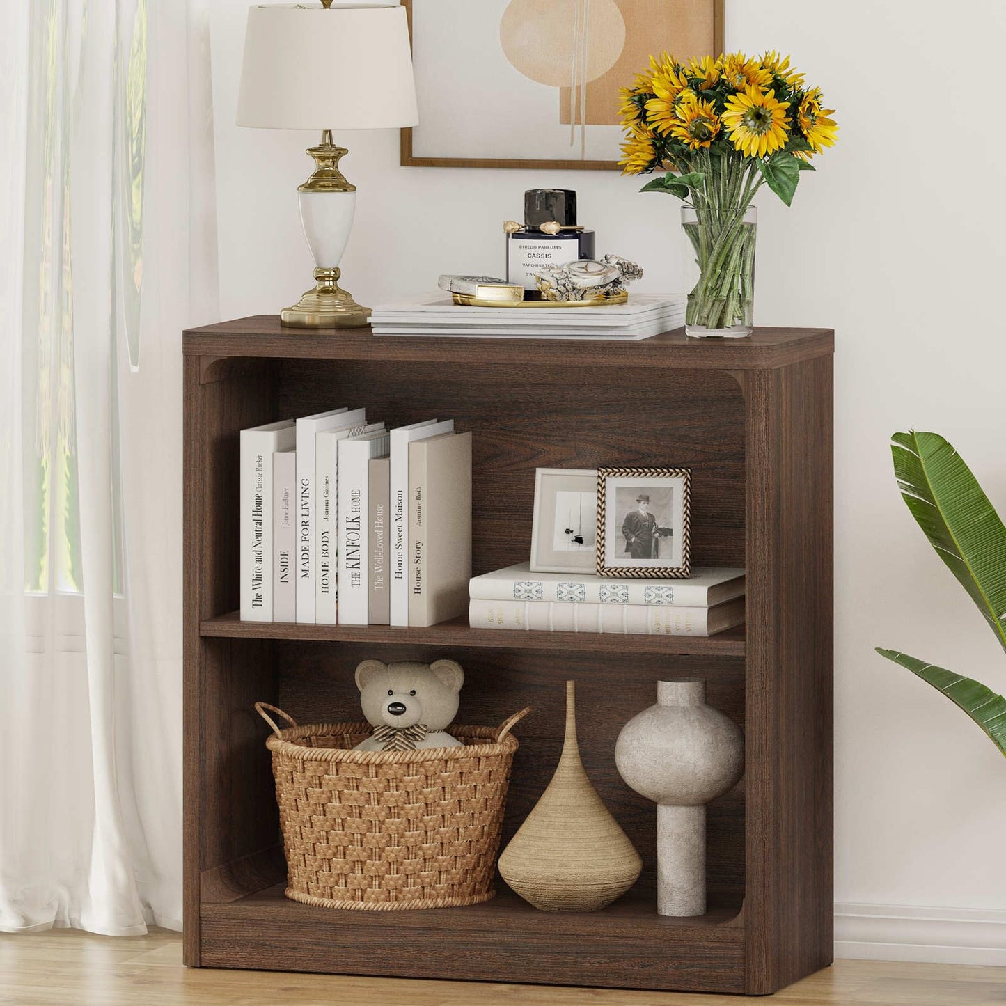 FATORRI Small Wooden Bookshelf, 2-Tier Open Bookcase with Rounded Corners, Compact Floor Standing Storage Book Shelf for Living Room, Bedroom, Home Office (Dark Walnut)