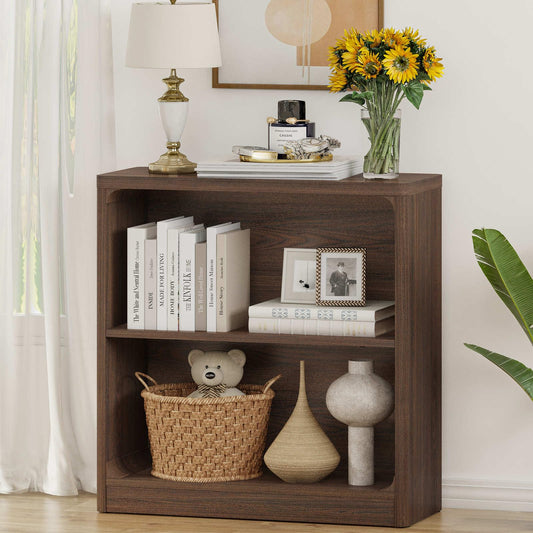 FATORRI Small Wooden Bookshelf, 2-Tier Open Bookcase with Rounded Corners, Compact Floor Standing Storage Book Shelf for Living Room, Bedroom, Home Office (Dark Walnut)