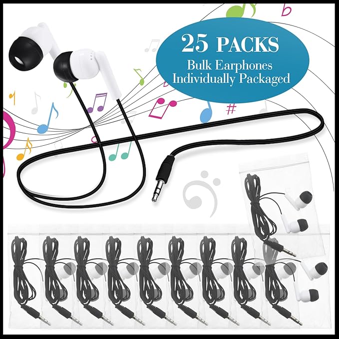 Kanayu 25 Pack Wired Earbuds Bulk for Classroom Ear Headphones Wired Basic Student Earbuds No Microphone with 3.5MM Jack for Class Laptop School Library, Individually Bagged (Black White)