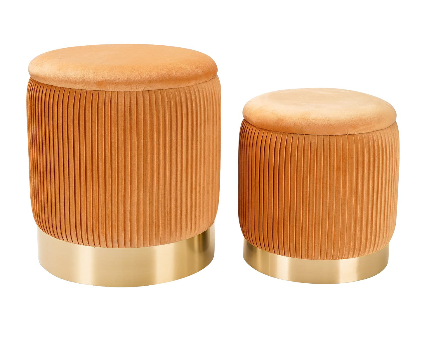 JUUON Round Velvet Storage Ottoman Set of 2, Nesting Pouf Footrest with Gold Metal Base and Pleated Design, Multifunctional Side Table & Vanity Stool for Living Room, Bedroom, Dorm (Pleated-Yellow)