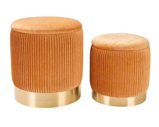JUUON Round Velvet Storage Ottoman Set of 2, Nesting Pouf Footrest with Gold Metal Base and Pleated Design, Multifunctional Side Table & Vanity Stool for Living Room, Bedroom, Dorm (Pleated-Yellow)