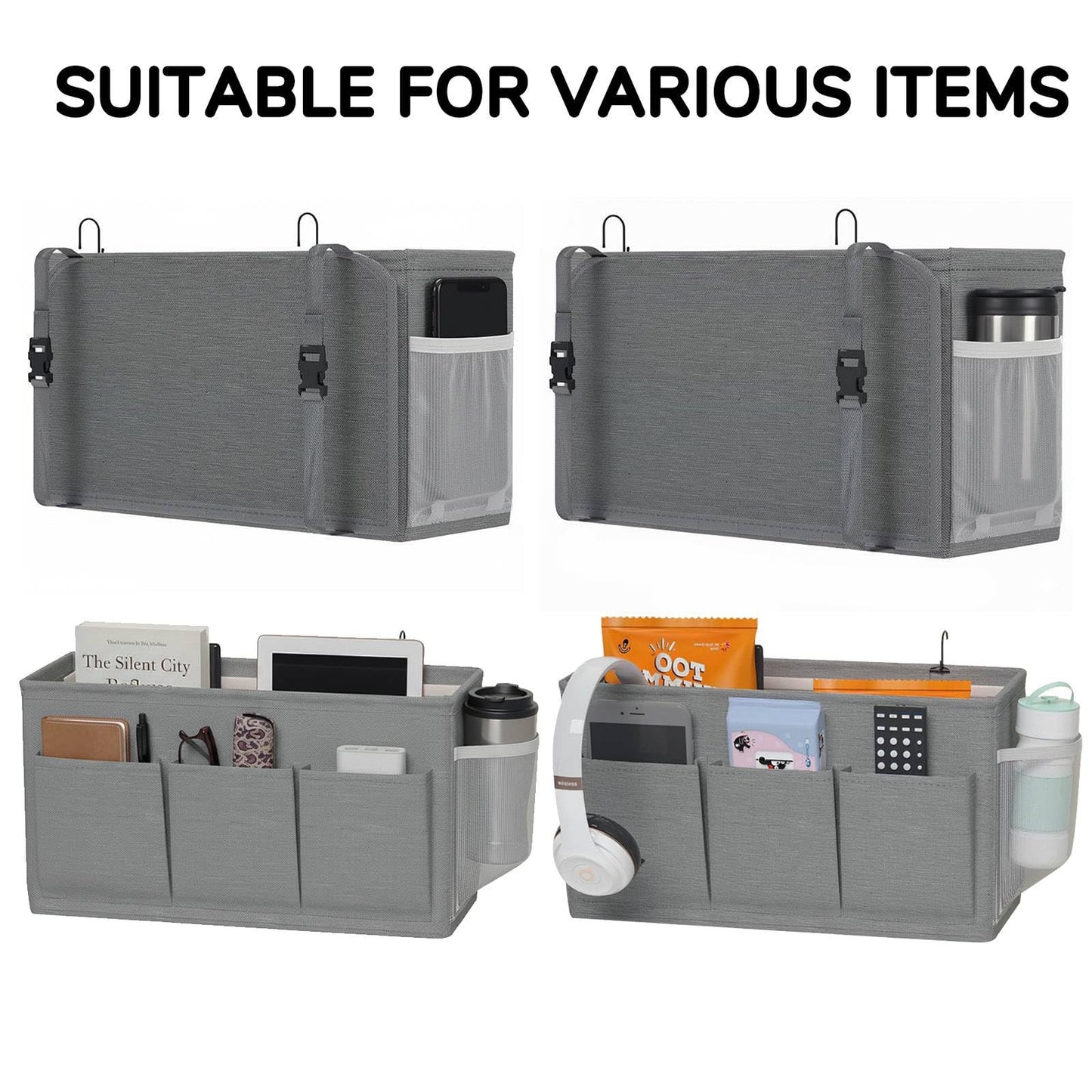 Pomodee Bedside Caddy 6 Pockets Bottle Holder Dorm Hospital Bunk Bed Storage Gray