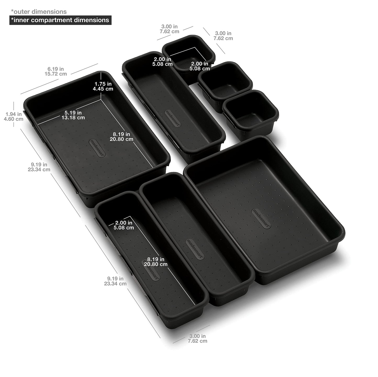 Madesmart 8-Piece Interlocking Bin Pack for Drawer Organization, Plastic Interlocking Junk Drawer Organizer Tray, Granite