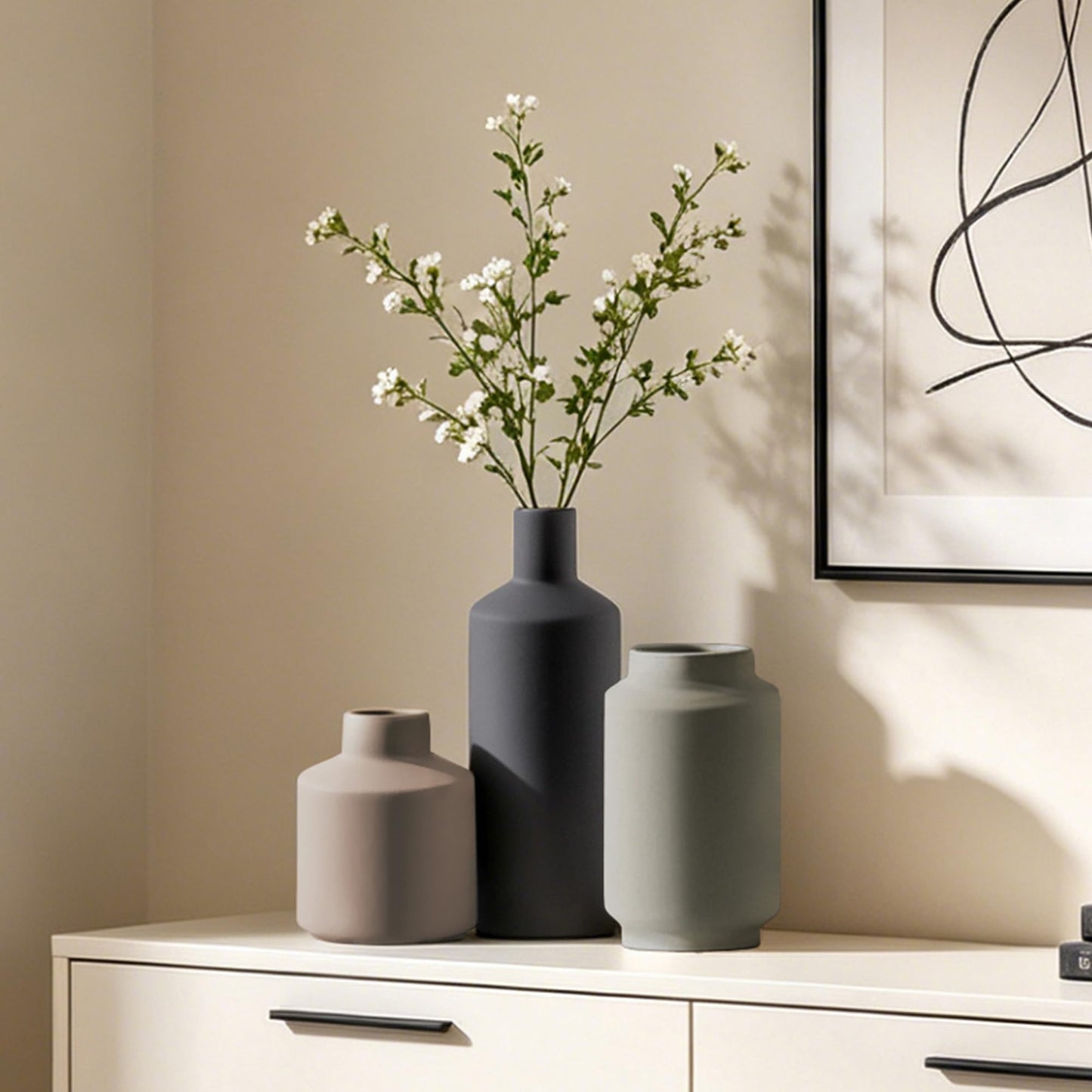 Ceramic Vase Set of 3, Modern Farmhouse Boho Table Centerpiece Vases, Small Flower Pottery for Coffee Bar Shelf Bookshelf Living Room Kitchen Decor, Rustic Home Decor Accents