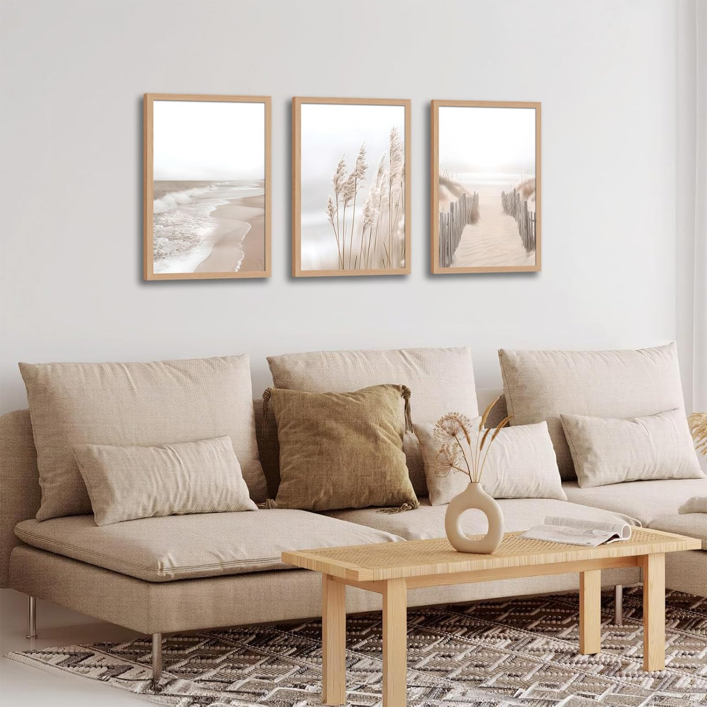 skysoon 3 Piece Neutral Beach Wall Art with Solid Wood Frame, Pampas Grass Boho Coastal Ocean Prints, Natural Wilderness Seascape Painting Set 12x16 Inch