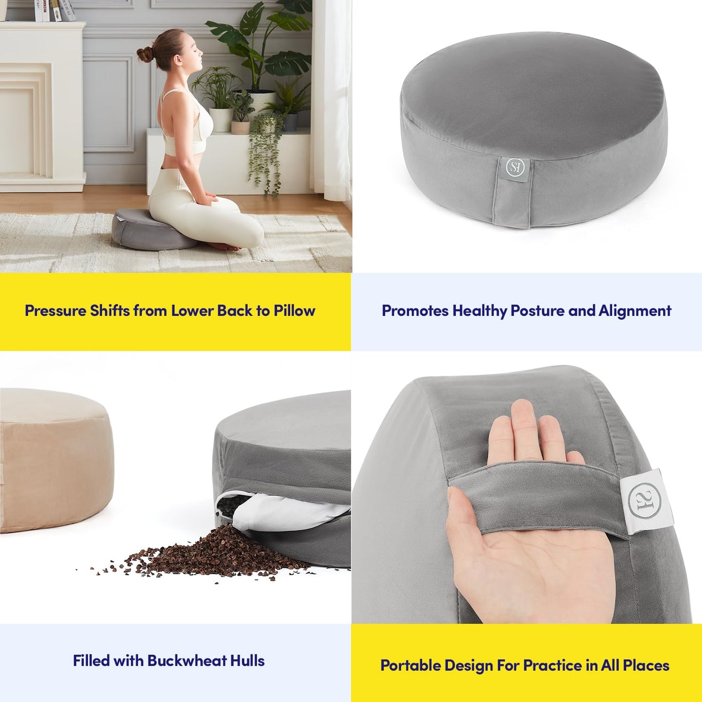 Meditation Cushion Floor Pillow – Supportive Round Cushion for Meditation, Yoga, Pilates, and Relaxation – Filled with Buckwheat Hulls - Removable Faux Suede Cover - Great Gift Idea, Gray