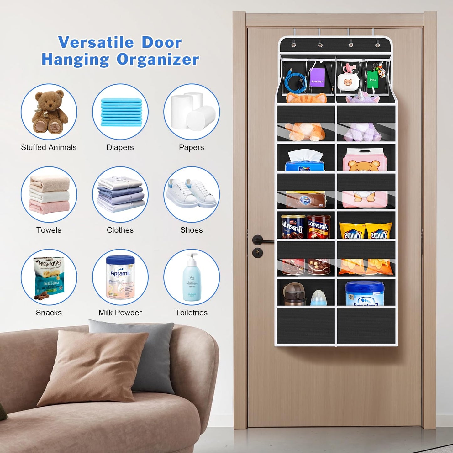 Univivi 5-Shelf Over Door Hanging Organizer Fabric Door Storage for Baby Nursery Nursery Closet Cabinet Wall Mount Hanging Storage Organizers with 8 Deep Pockets and 4 Small PVC Pockets(Black)