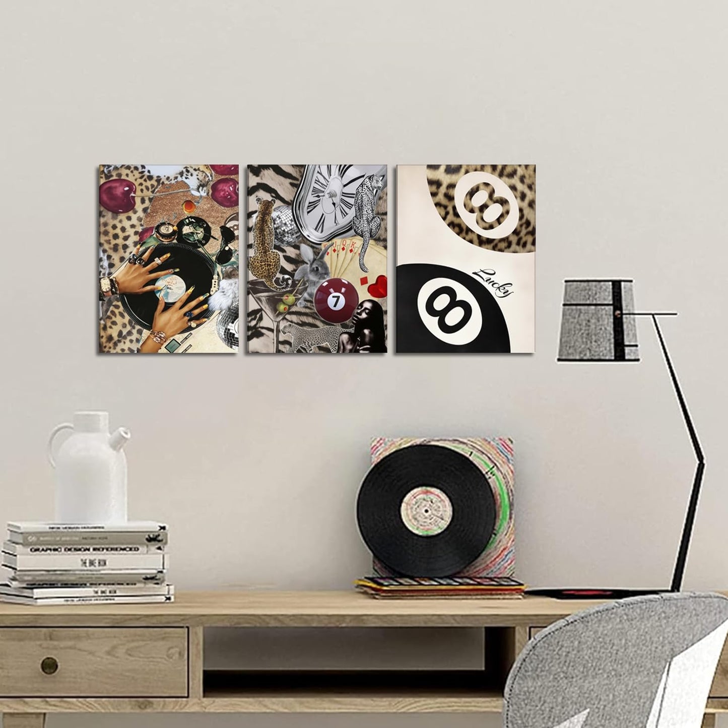 Fashion Cheetah Wall Art Set of 3 Leopard Wall Decor Pictures Lucky 8 Ball Poster Canvas Painting Prints Dark Red Cheetah Artwork for Bedroom Living Room Framed 12x16 inch