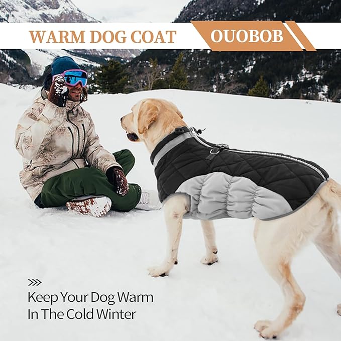 OUOBOB Winter Dog Coat,Large Dog Jacket,Waterproof Pet Jacket with Back Zipper,Pet Coat with Harness Built in,Warm Dogs Coat with Fleece Lined,Snow Jacket Clothes French Bulldog Shiba Inu,Black,L