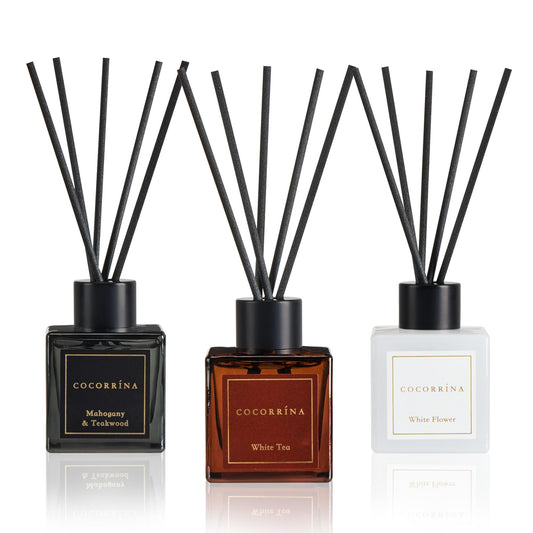 COCORRÍNA Hotel Collection Reed Diffuser Set, 3.04 fl oz Trio, Mahogany Teakwood, White Flower & White Tea, Home Fragrance for Bathroom, Bedroom, Entryway & Office