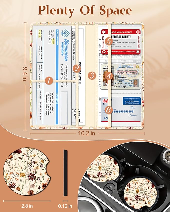 Slohif Car Registration and Insurance Card Holder with Magnetic Shut - Vehicle Glove Box Organizer Women Leather Automobile License Holders Coasters Auto Accessories Case for Document,Vintage Flower