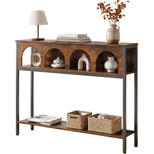HOOBRO Narrow Console Table, Entryway Table with 3-Tier Storage, Sofa Table, Behind Couch Table with Arched Design for Living Room, Entrance, Hallway, Rustic Brown and Black BF106XG01