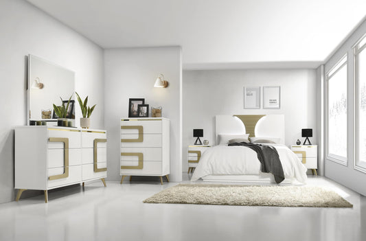 Kings Brand Furniture Claire 6-Piece Queen Size Bedroom Set - Bed with LED Headboard, Dresser, Mirror, Chest and 2 Nightstands, White/Gold