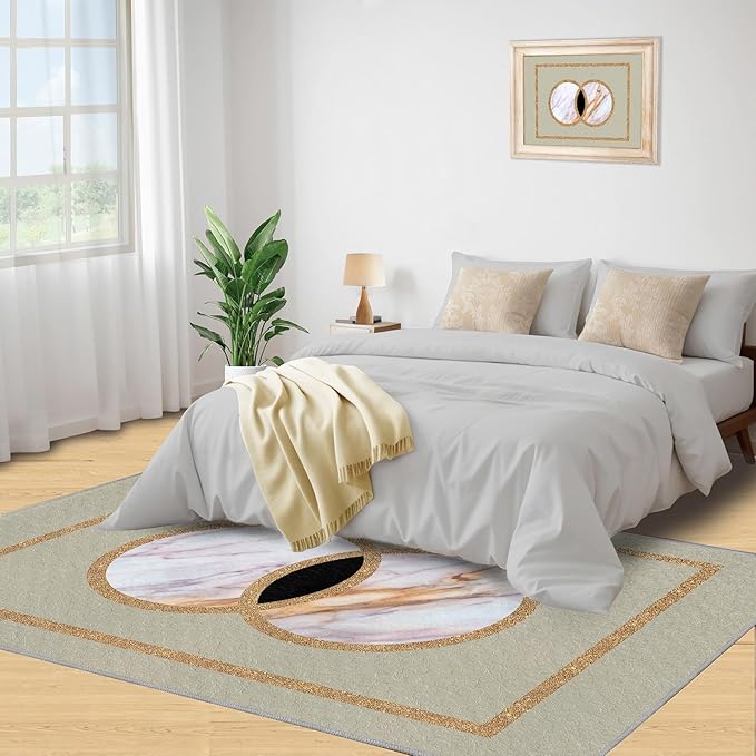 Abstract Marble Area Rugs Gilded Circle Rectangle Geometry Area Carpet Mid-Century Simple Rug Luxury Decor Rug for Living Room Door Mats Porch 3x5ft