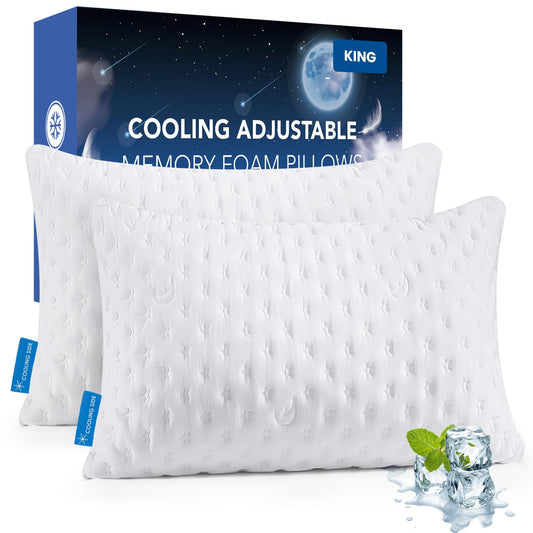 KUCEY Cooling Side Sleeper Pillow for Neck and Shoulder Pain, Luxury Shredded Memory Foam Curved Bed Pillows for Sleeping Set of 2- Adjustable King Size- Washable Cover Crescent White