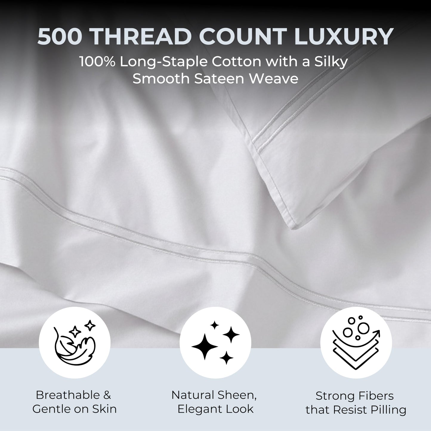 Mayil Manor 100% Natural Cotton White Queen Sheets Set | 500 TC Single-Ply Sateen Weave | Soft, Breathable, Hypoallergenic Solid 4-Piece Bedding with Deep Pocket Fitted, Flat, Pillowcase