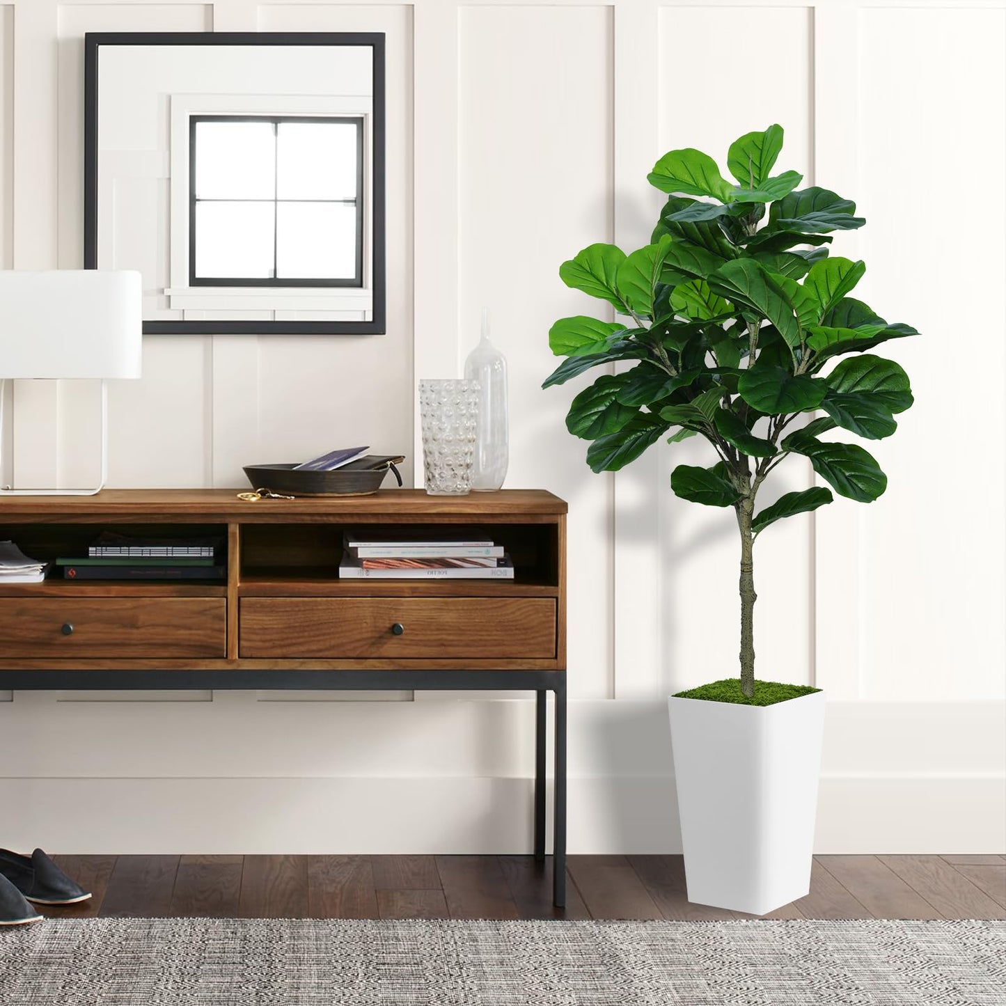 ASTIDY Fiddle Leaf Fig Tree Artificial 5FT - Faux Fiddle Leaf Fig Tree with White Tall Planter - Fake Ficus Lyrata Floor Plant Potted - Artificial Fig Tree for Home Office Living Room Decor Indoor