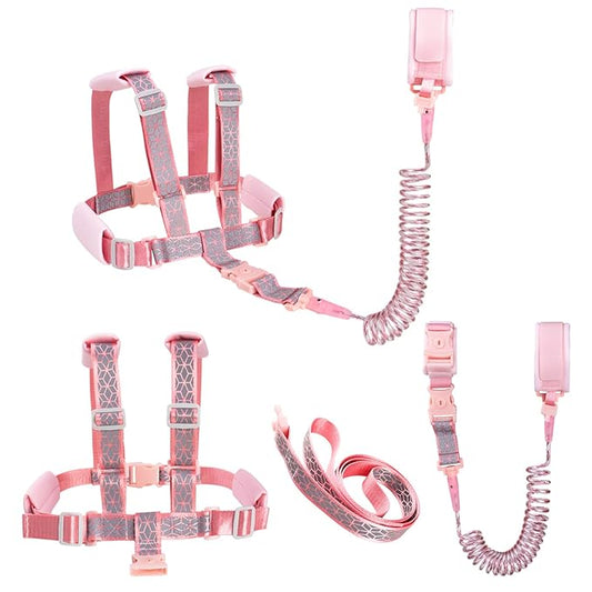 Toddler Leash Harness Backpack 4-in-1, Anti Lost Wrist Link & Safety Strap for Kids Boys Girls, Reflective Adjustable Baby Walking Belt for Park Zoo Travel, Child Cute Reins (Pink)