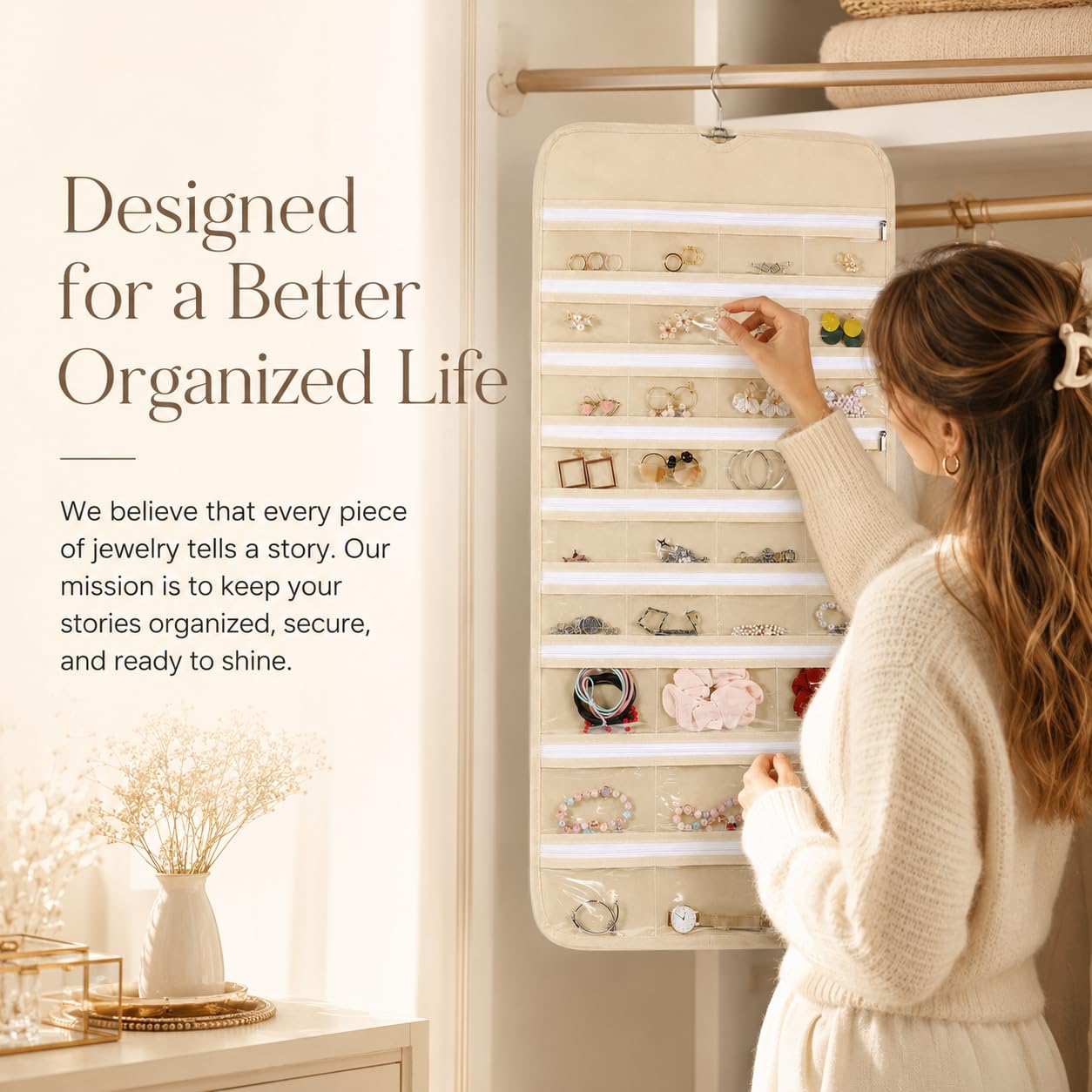 Cabilock 66 Pockets Hanging Jewelry Organizer, Double Sided Zippered Earring Holder with Clear Pockets, Space Saving Necklace Bracelet Ring Storage Bag for Closet, Door, Wall and Travel, Beige 1pcs