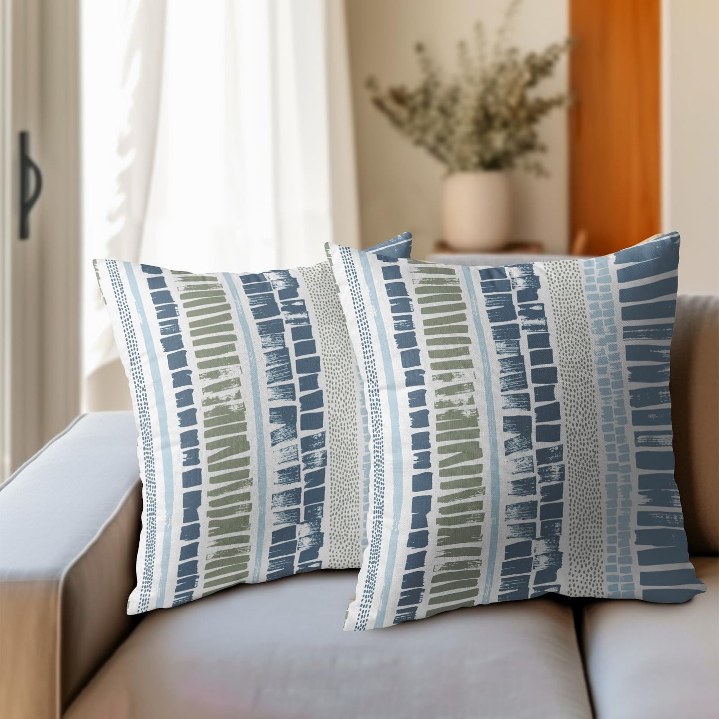 Blue Green Pillow Covers 18x18 Set of 2 Boho Striped Dots Print Pattern Decorative Outdoor Zipper Pillowcases Rustic Decoration Farmhouse Linen Throw Cushion Cover Decor for Home Couch Sofa Bed
