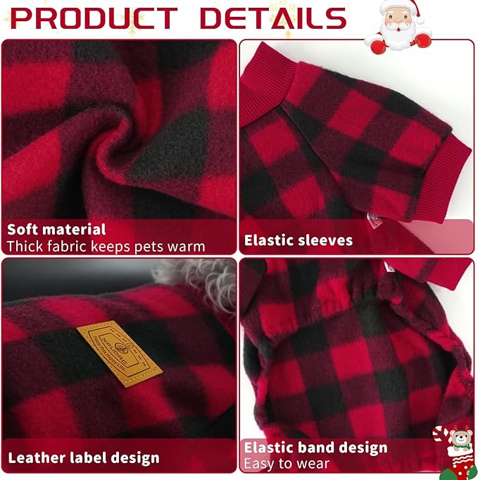 XPUDAC Dog Christmas Pajamas Plaid Dog Clothes for Small Medium Dogs Girl Boy Fleece Pet Sweater for Winter Christmas(Large)