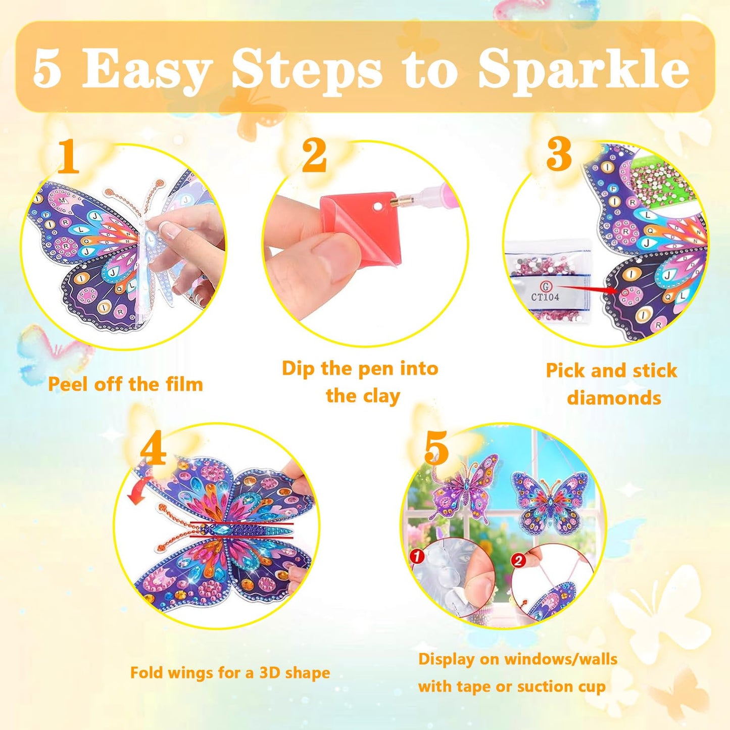 LCOZX 4 Pack Butterfly Diamond Art Window & Wall Art Kit, DIY Gem Art Suncatcher Crafts for Kids Ages 6-12, Birthday Gifts for Girls, Bedroom, Cabinet & Glass Decor