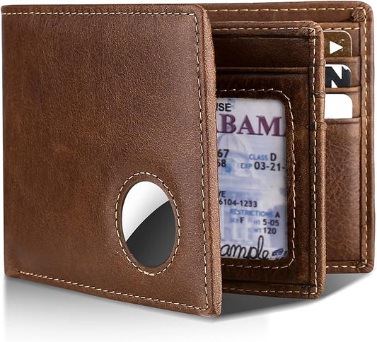 Swallowmall AirTag Wallet Mens RFID Blocking Genuine Leather Bifold Men's Wallet For air tag with 1 ID Window 13 Card Holders CoffeeBrown(Airtag Not included)