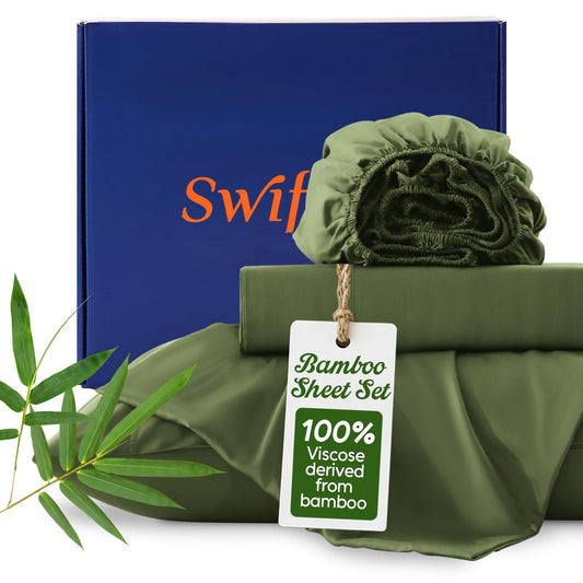 Swiftify 100% Organic Viscose Derived from Bamboo, 4-Piece Queen Bed Sheet Set, Ultra Soft & Luxuriously Cooling Sheets, Deep Pocket Fits 16" Mattress, Perfect for Hot Sleepers, Forest Green
