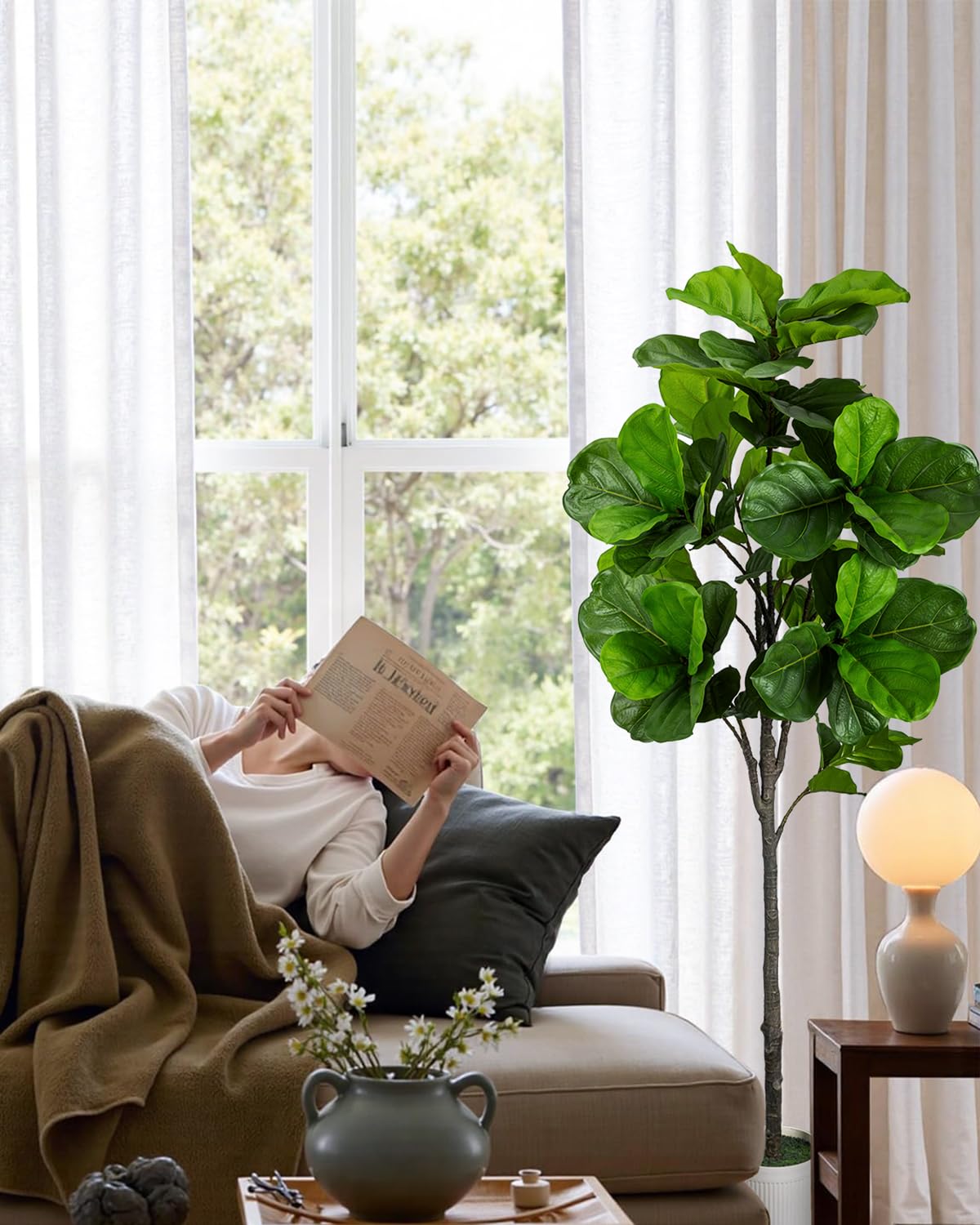 LuceAlberi Artificial Fiddle Leaf Fig Tree 6FT - Large Fake Trees with White Planter, Tall Faux Ficus Lyrata Tree Floor Plants for Indoor Home Decor Office Living Room Housewarming Gift, 1Pack