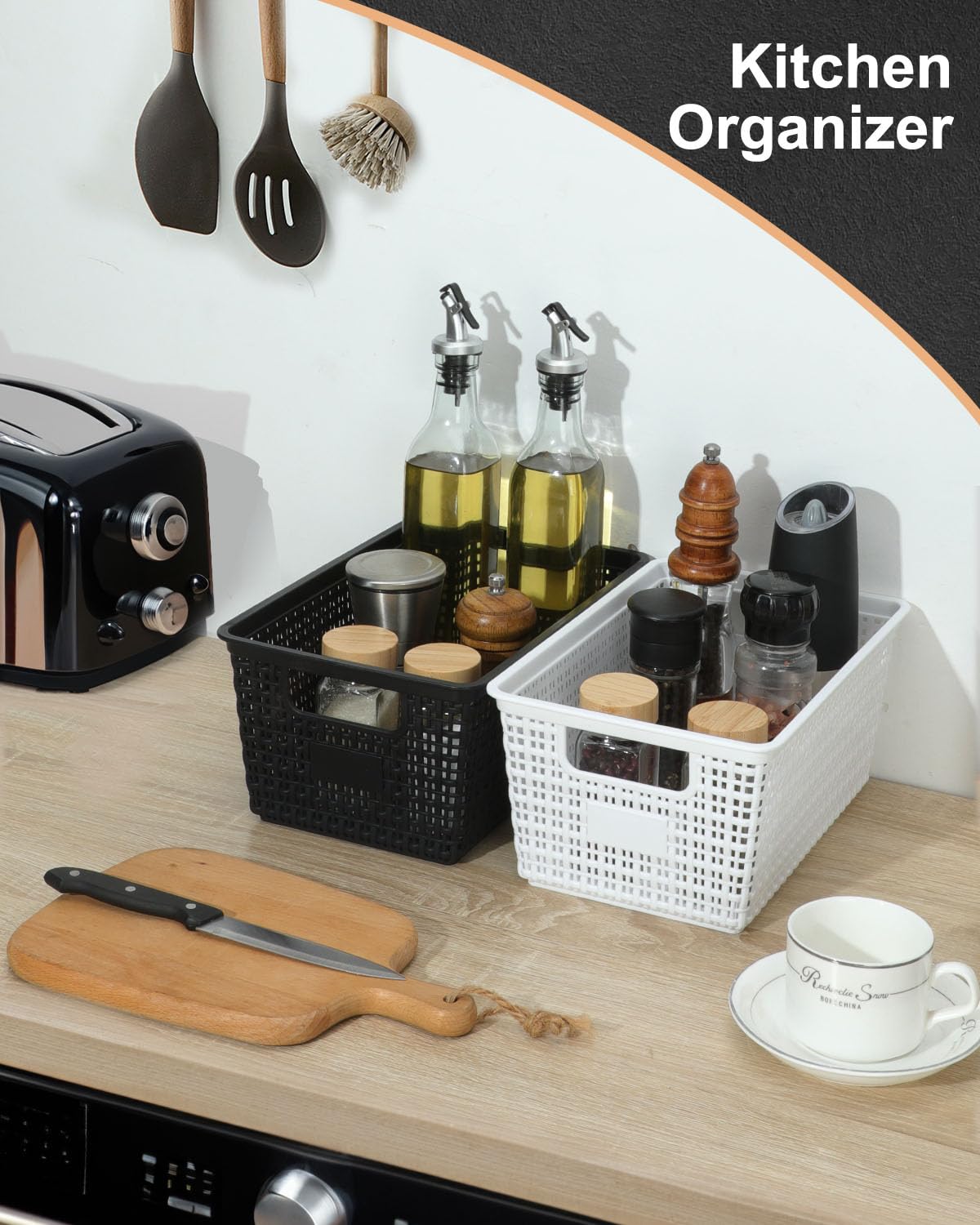 Set of 6 Baskets For Organizing, Plastic Storage Bins and Small Basket for Organization and Storage Shelves Drawers Desktop Closet Playroom Classroom Office, Black