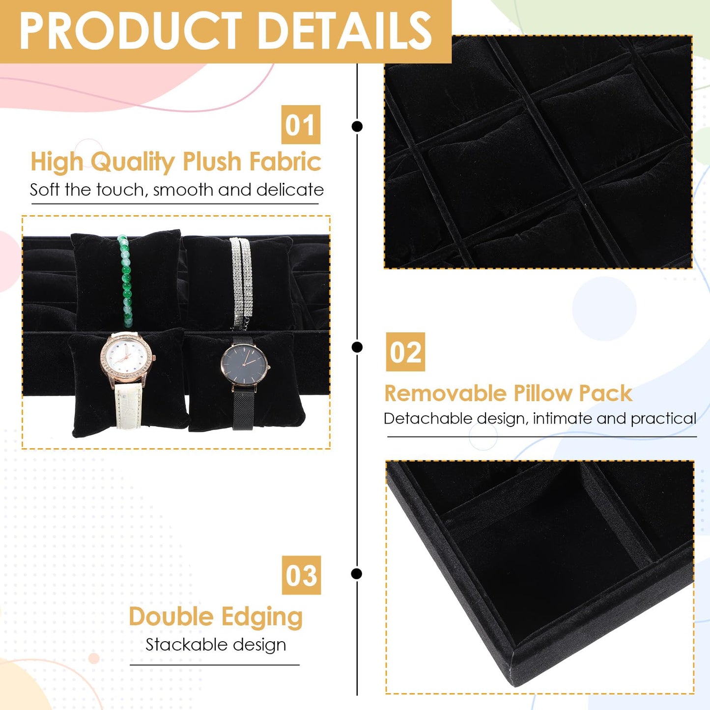 Tobeelec 2 Pcs Velvet Watch Tray Jewelry Organizer, 12 Grid Stackable Velvet Watch Tray, Watch Display Velvet Tray Watch Bracelet Bangle Display Holder Adjustable Pillow