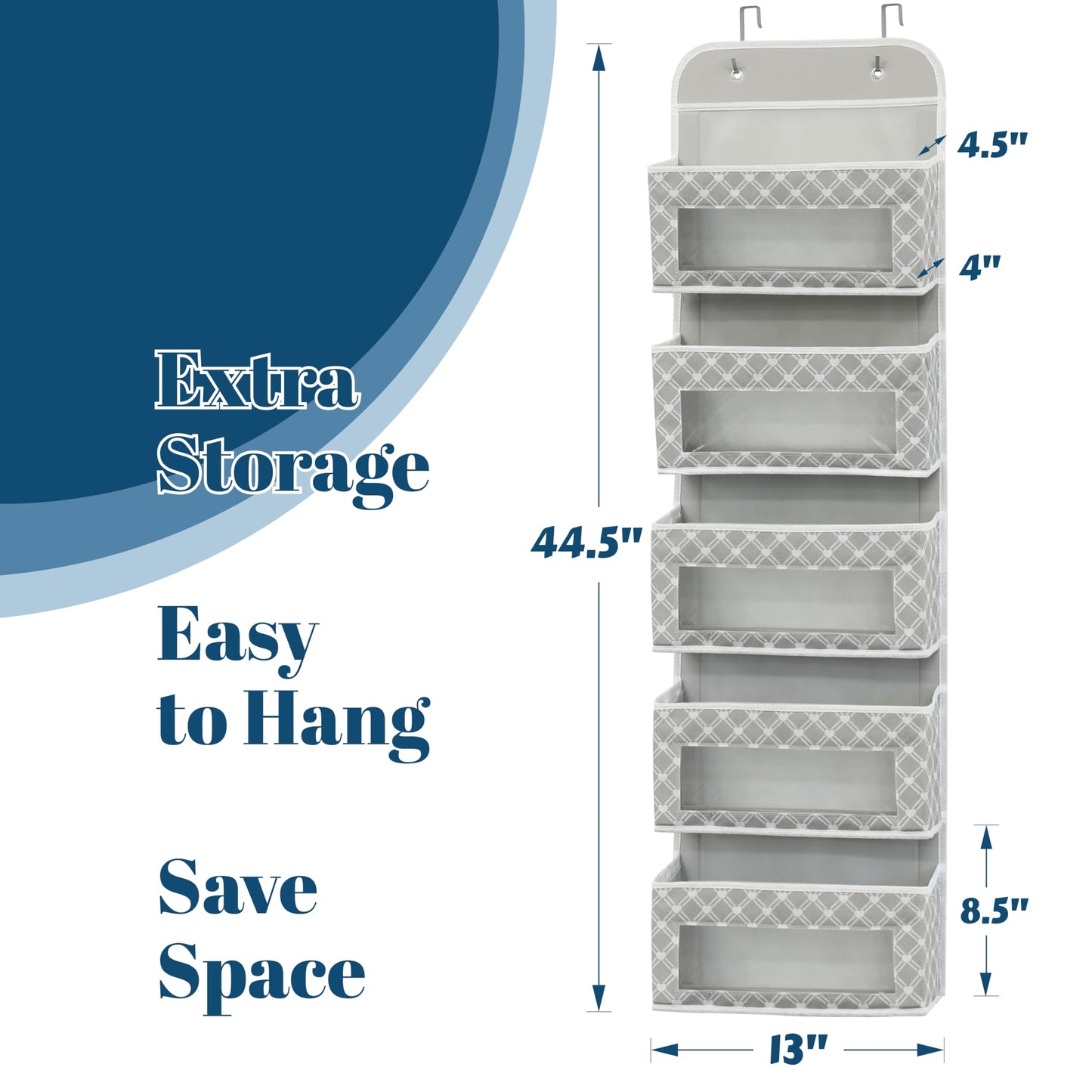 Simple Houseware 5 Clear Window Pocket Over Closet Door Storage Hanging Organizer for Bedroom, Bathroom, Pantry, Geometric Gray