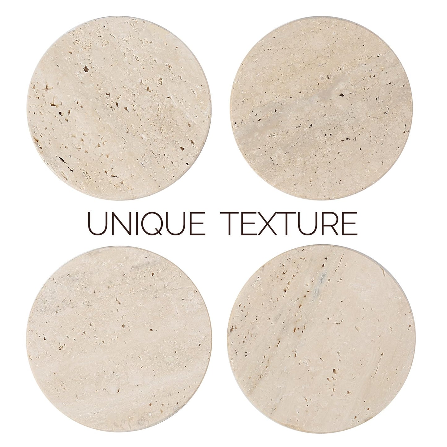 Koville Travertine Coasters, Marble Coaster Set of 4 for Drinks, 4" Round Stone Coasters Set Heat Resistant, Decorative Modern Cup Coaster for Coffee Table Home Bar Decor, Unique Gift Choice(Beige)