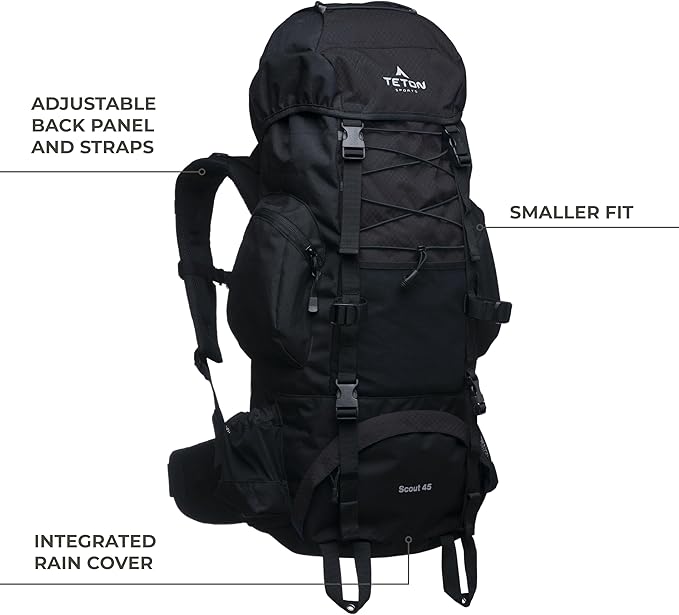 Teton 65L Scout Internal Frame Backpack for Hiking, Camping, Backpacking, Travel, Rain Cover Included, Black