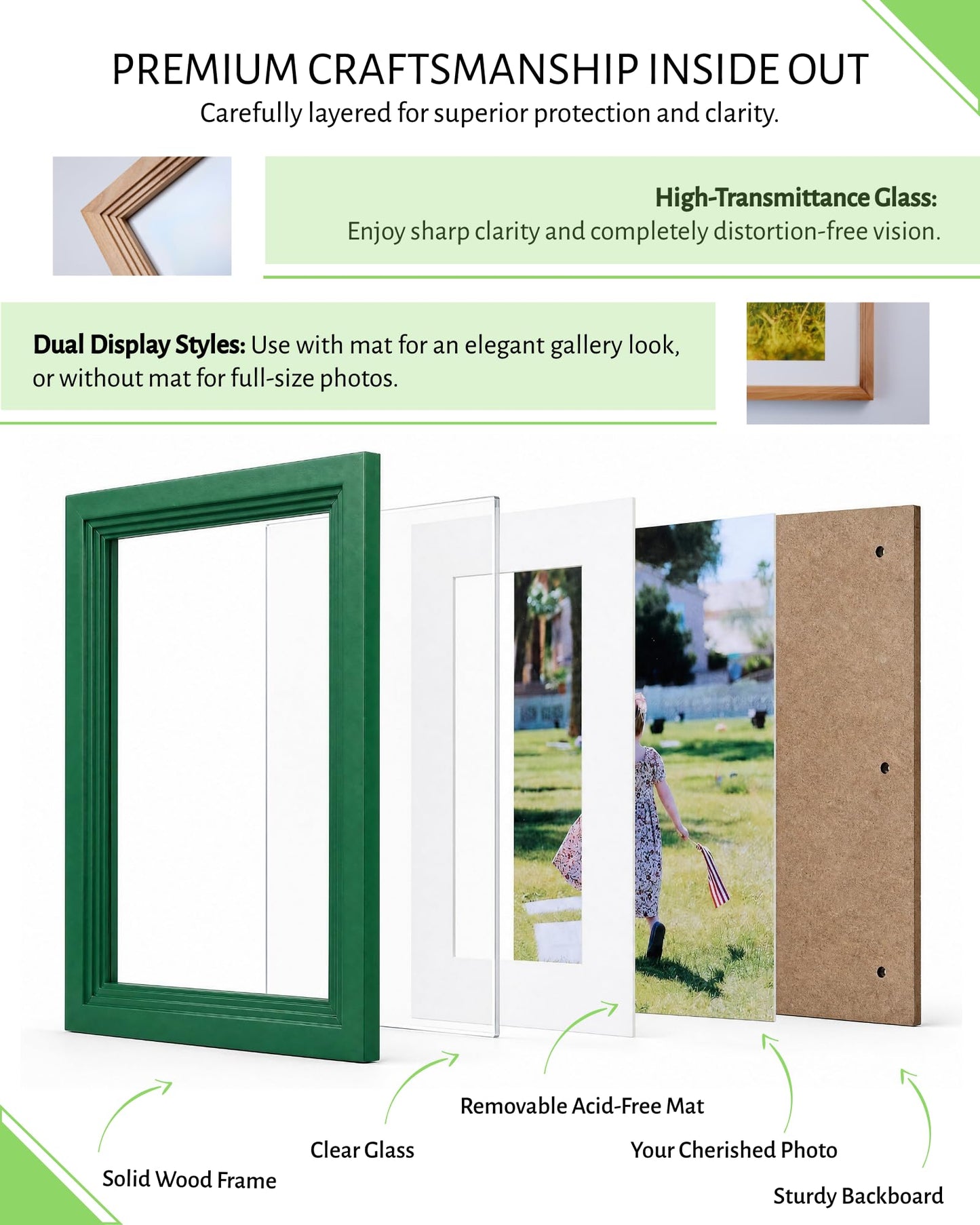 Exper City 8x10 Wooden Picture Frame, Displays 8x10 Without Mat or 5x7 With Mat, Solid Wood Colorful Photo Frame for Wall Tabletop, Real Glass, Rustic Stepped Edge, 2 Pack, Green