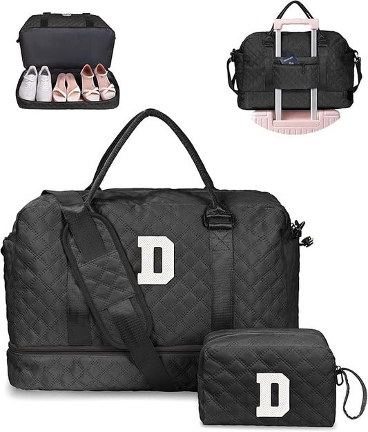 Vogewood Customized Women Gifts, Travel Essential for Girls, Duffle Bag with Shoe Compartment, Weekender Bag, Overnight Bag for Women, Travel Bag with Makeup Bag Teacher Gifts (Letter D)