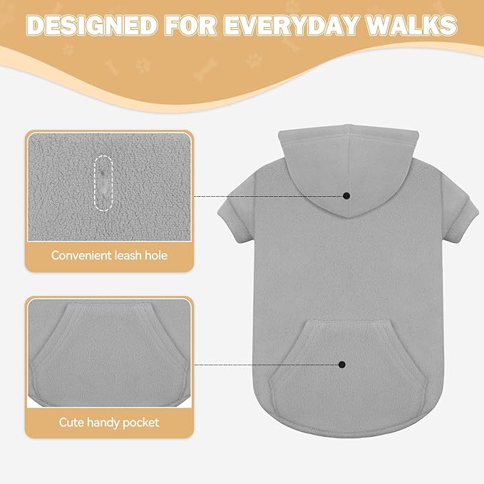 Dog Sweaters for Small Dogs,Dog Hoodies,Warm Fleece Sweatshirt with Hood & Pocket,Leash Hole,Cozy Cold Weather Puppy Clothes Pet Sweater for Small Dogs(Grey,S)