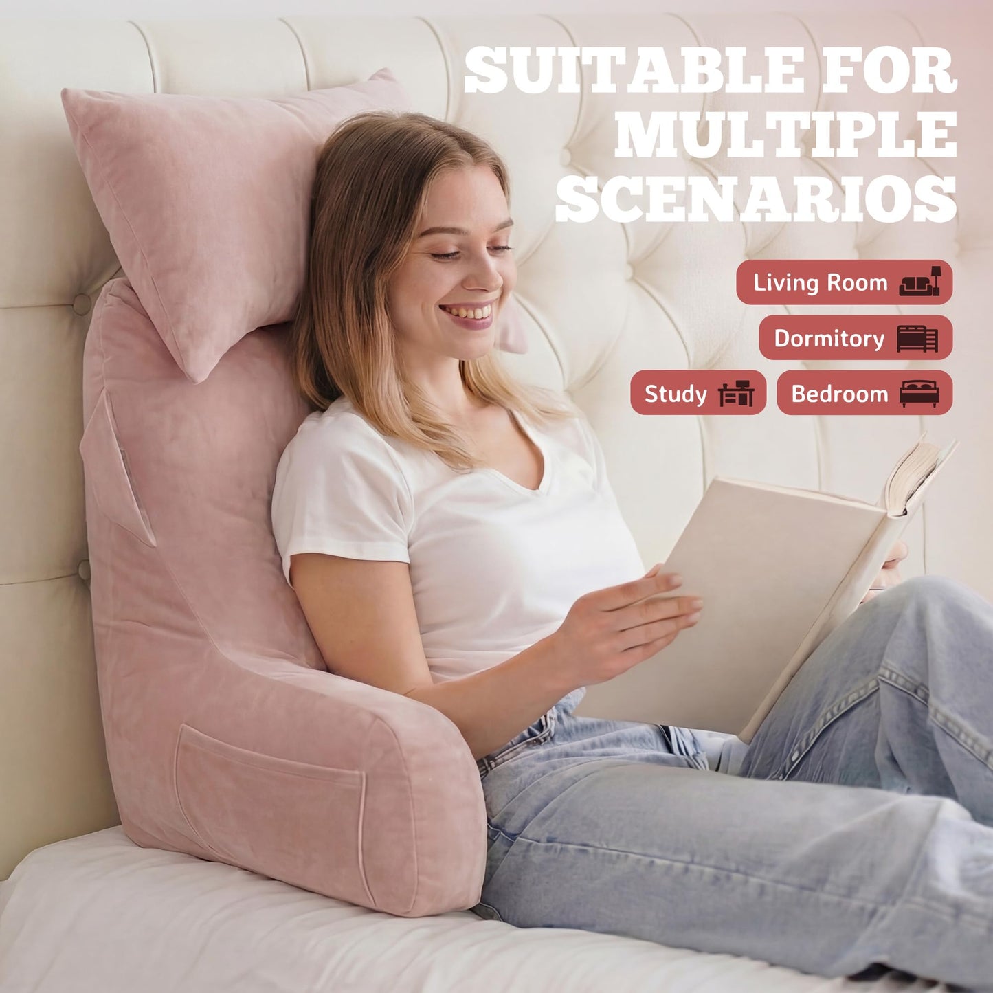 Unisakey Portable Reading Pillows with Headrest for Bed Sitting Up(Pink Oeko-Tex), Velvet Back Pillow with Arms & Pockets for Adults, Support Memory Foam Bed Pillow for Dorm/Reading/Watching/Gaming