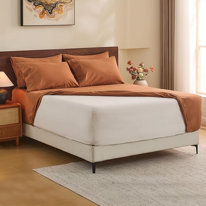 MEISHANG 100% French Pure Linen Sheets California King Size - Extra Deep Pocket Sheet Set, Soft Durable Flax Linen, Anti-Tear Breathable & Oeko-Tex Certified 18-24 Deep Pocket,All Season(Brown)