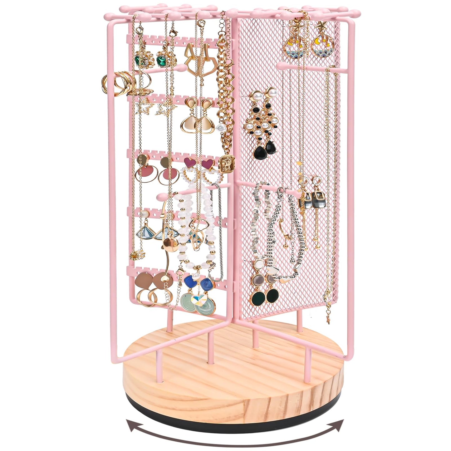 ProCase Rotating Jewelry Organizer Stand Earring Holder Organizer with 28 Necklace Hooks, Jewelry Tree Earring Stand Tower Storage Rack Bracelet Holder, Holds More than 100 Pairs Earrings -Pink