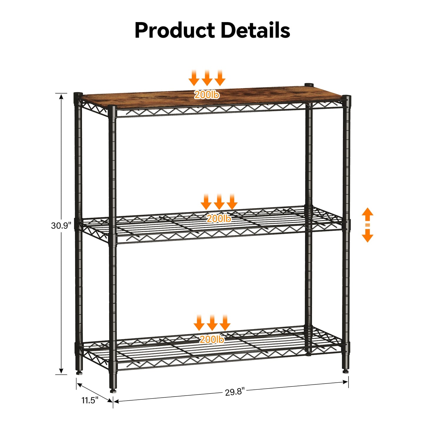Homeiju 3-Tier Storage Rack, 29.8" Wide Heavy Duty Metal Shelving Unit, Top Tier with Removable Wood Board, 200 lbs Capacity per Shelf, for Pantry, Bathroom, Garage, Entryway, Plant Stand