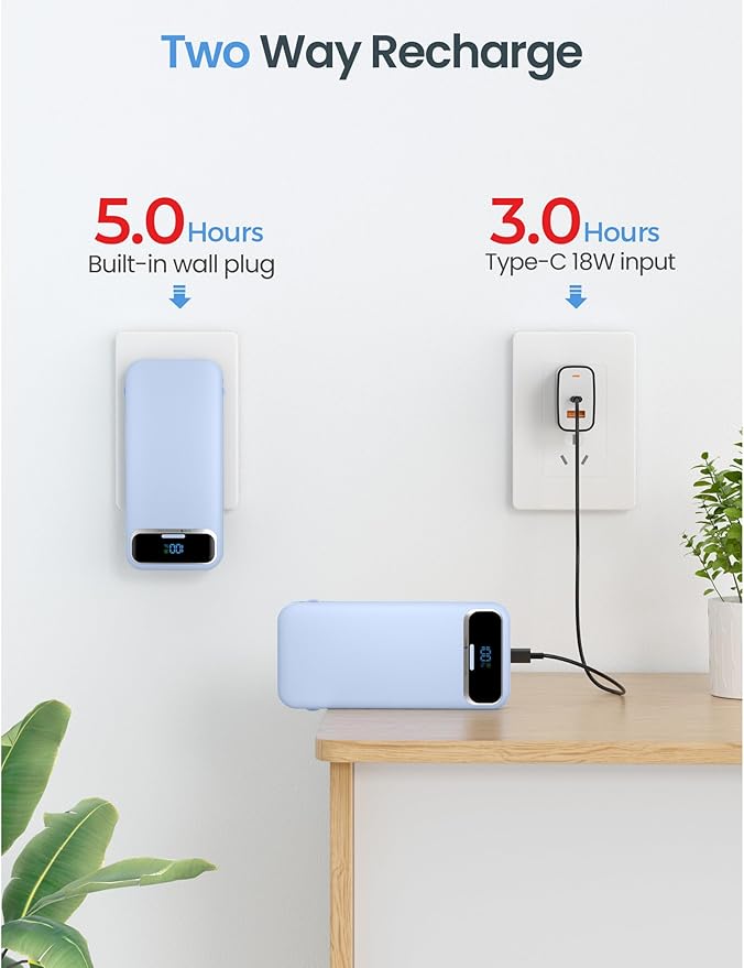12000mAh Lightweight-Portable-Charger-Power-Bank with Built-in Cables and AC Wall Plug, PD20W USB-C Fast Charging Battery Pack, LED Display External Travel Phone Charger for All iPhone,Samsung,Android