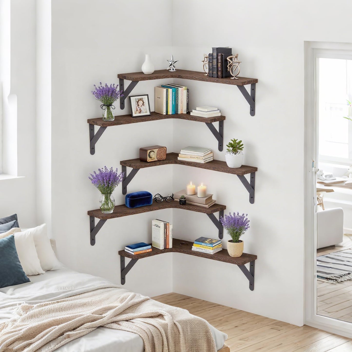 CACASO 5 Pack Floating Shelves, Rustic Wood Wall Storage Corner Shelf, Wall Mounted Wood Shelves for Office, Home Decor, Bathroom, Kitchen(Dark Brown)
