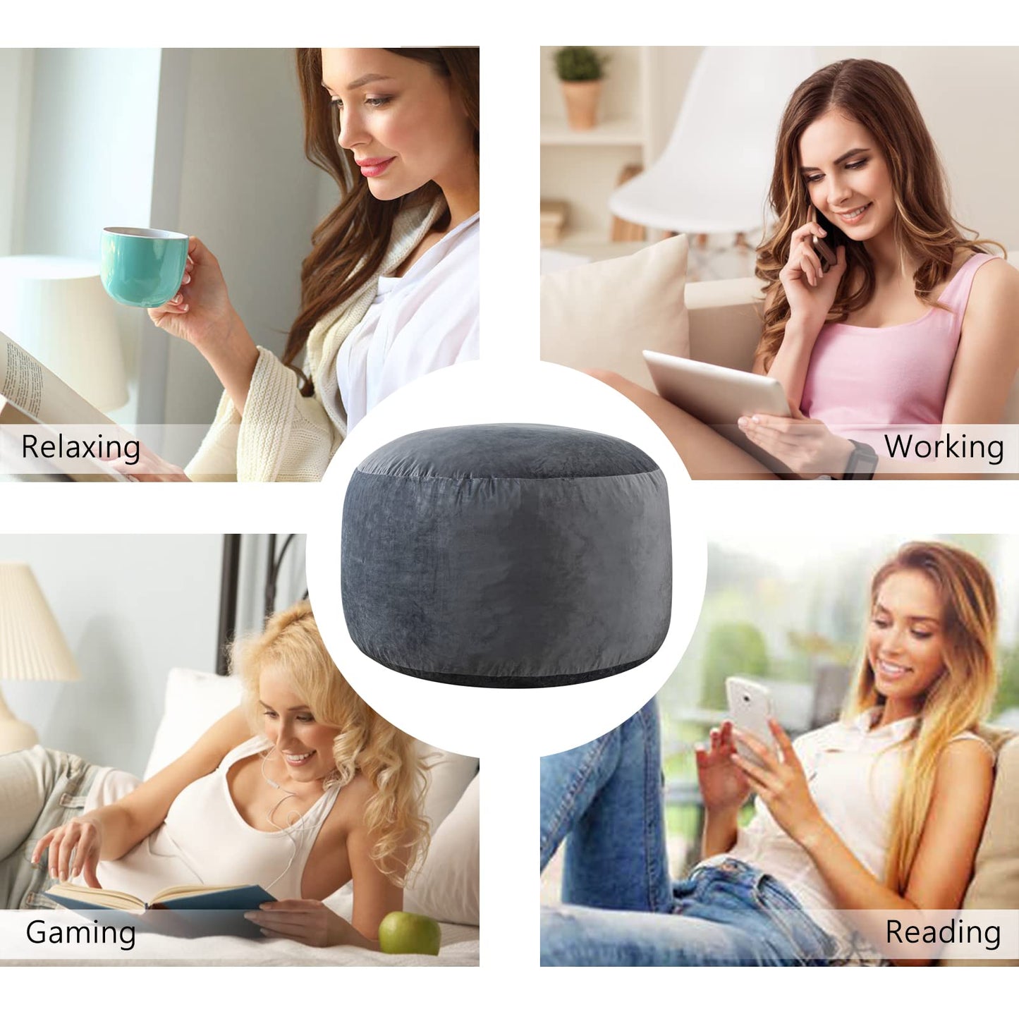 EDUJIN Bean Bag Chair, Memory Foam Bean Bag Chairs for Adults, Soft Velvet Cover, Stylish Beanbag Sofa for Living Room, Convenient Pocket & Pull-Handle Design - 3 Foot, Grey