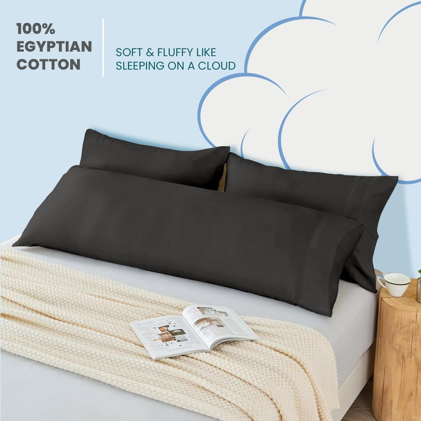 The Sky Bedding Body Pillow Cover – 500 Thread Count Egyptian Cotton Long Pillowcase with Hidden Zipper Closure – Soft, Breathable & Durable Body Pillow Protector (Dark Grey, 20x54 Inch)