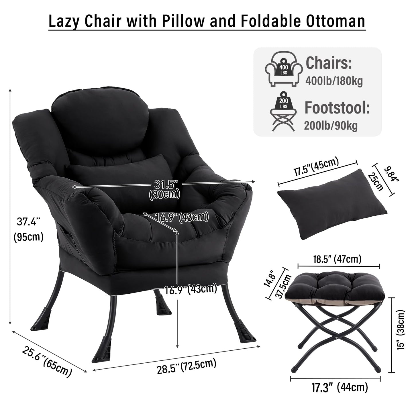 DreamNook Lazy Chair with Ottoman, Modern Accent Chair with Lumbar Pillow, Black Sofa, Armchairs with Folding Footrest, Oversized Supportive Chairs for Bedroom, Reading