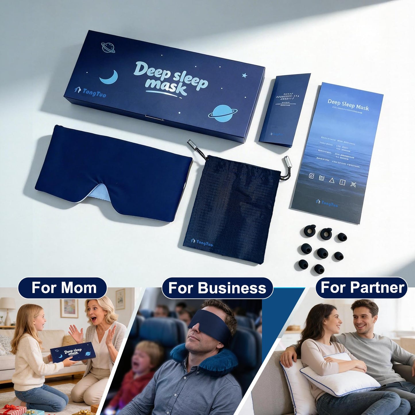 TongTuo Sleep Mask for Men, Blackout Eye Mask for Sleeping, Hypoallergenic Ultra-Lightweight Full Coverage Blindfold with Quiet Adjustable Strap, Reversible & Cooling – for Airplane Travel