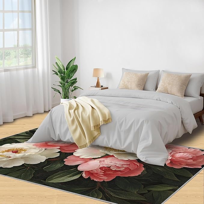 Rustic Flowers Washable Area Rug 6x9, Peony Soft Rugs for Living Room Petals Carpet Area Rugs for Bedroom Dining Room Non-Slip Stain Resistant Rug