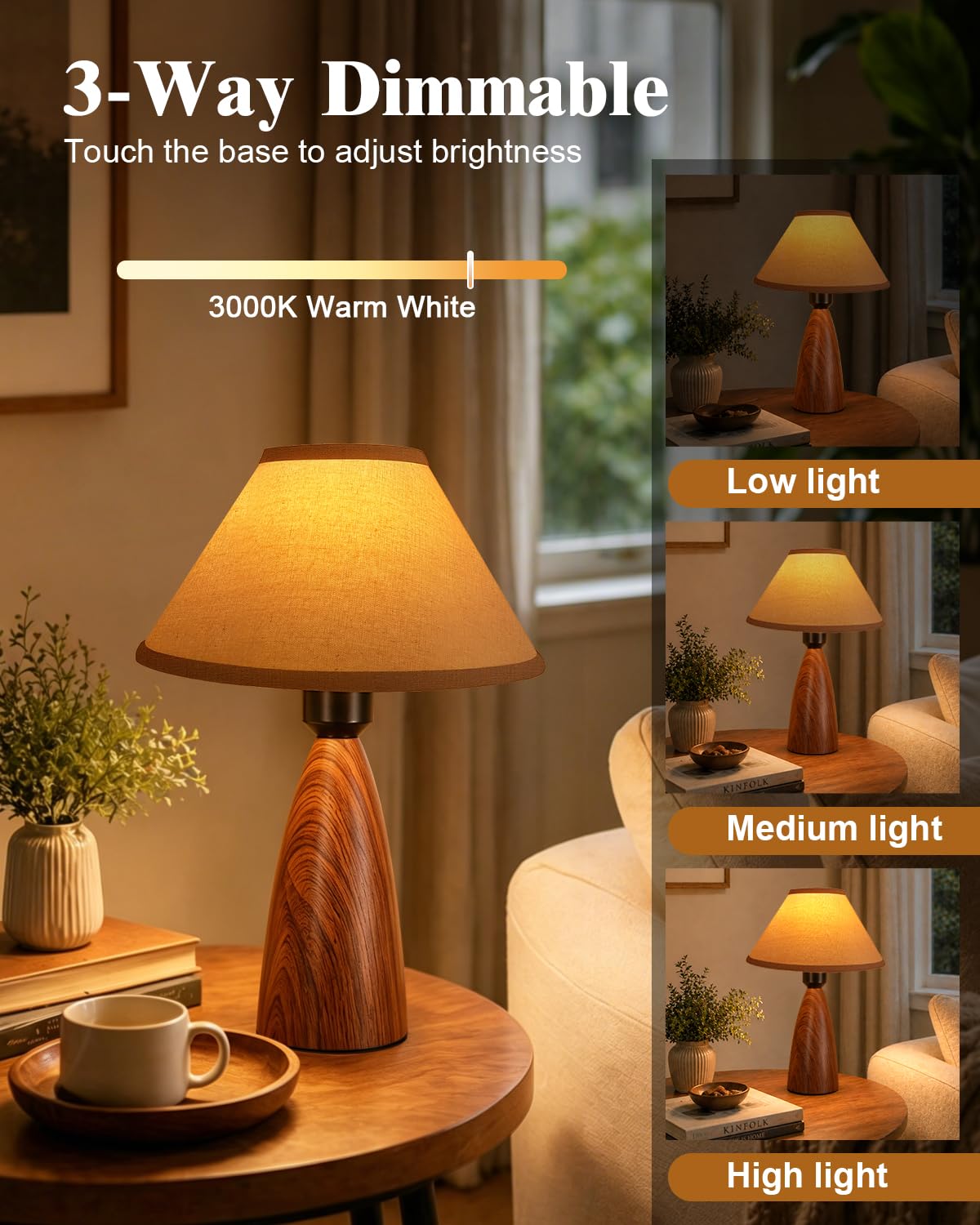 Nusogon Touch Table Lamp for Nightstand - 3-Way Dimmable Small Bedside Lamp, 3s Quick Shut-Off Smart Desk Lamp for Bedroom, Living Room, Reading, Nursery, LED Bulb Included